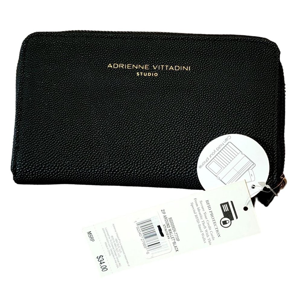Adrienne Vittadini 8" Wallet Black Zip Around Stingray RFID NWT Slight Damage